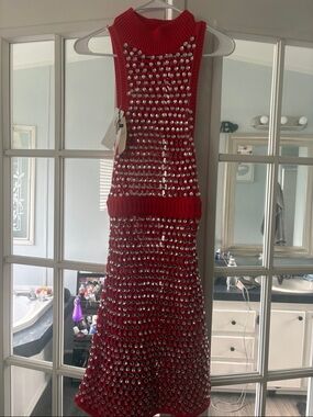 Red Sleeveless Mini Dress with Silver Stud Details